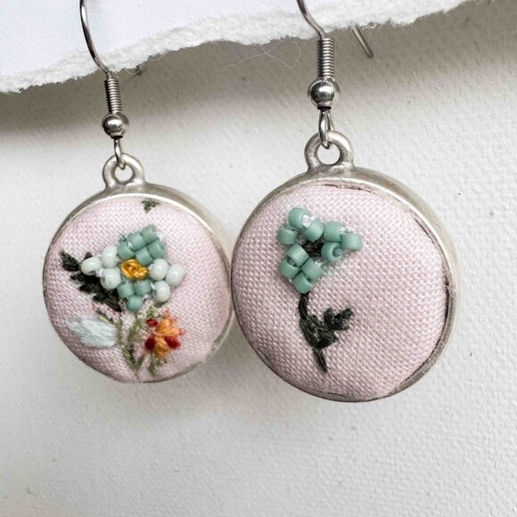 Handmade Pink and Blue Embroidered Floral Drop Earrings - Picture 9 of 13